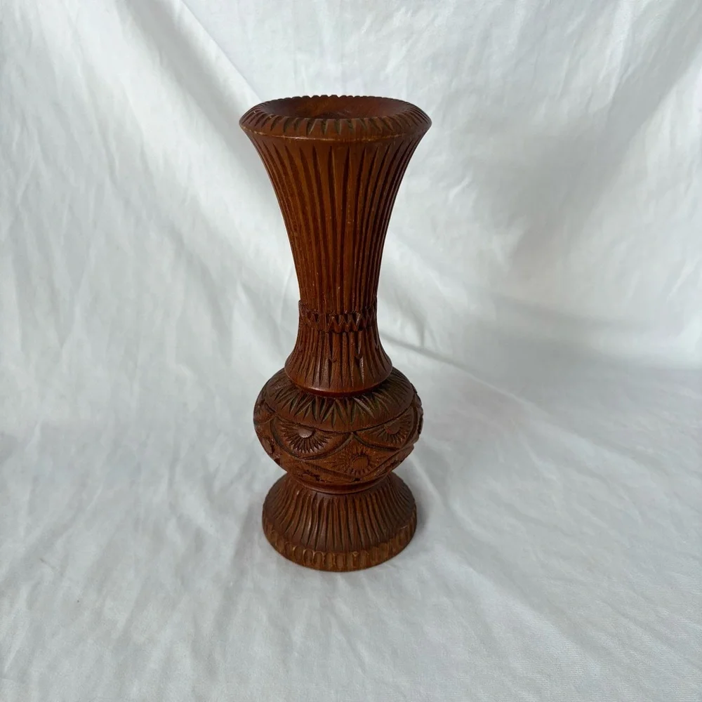 Vintage hand carved wood vase home decor boho indie brown accent - Picture 3 of 4